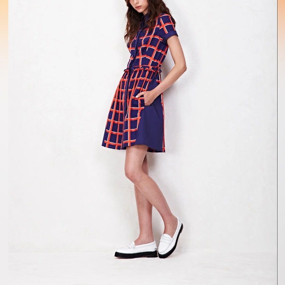 Misha Nonoo Resort Blue and Orange Fit and Flare  Dress with Puff Sleeves
